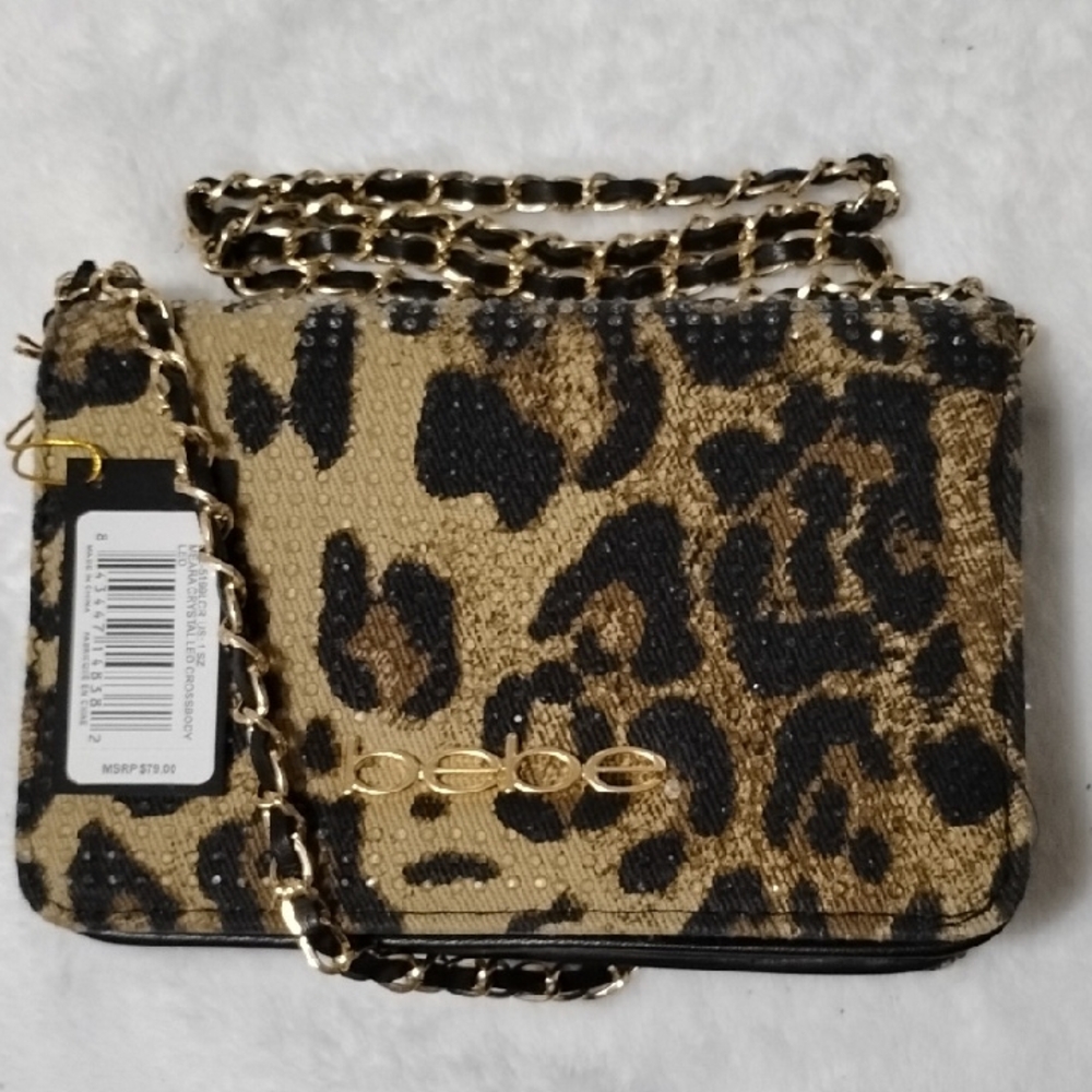 BEBE Beaded Texture Leopard Print Chain Bag